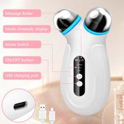 White microcurrent facial device with massage rollers and USB charging port for anti-aging and wrinkle reduction