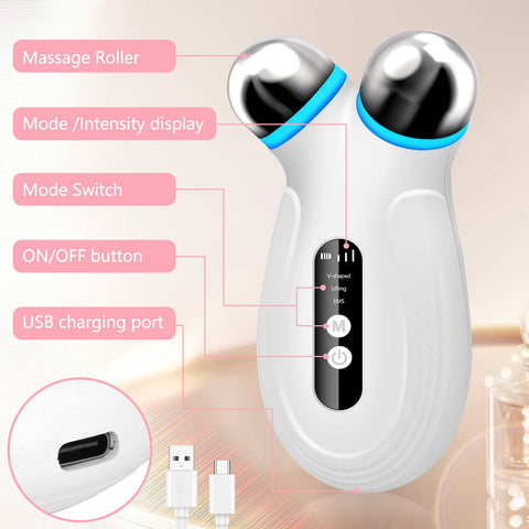 White microcurrent facial device with massage rollers and USB charging port for anti-aging and wrinkle reduction
