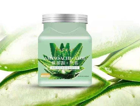 Aloe Vera Skin beautifying moisturizing sea salt body scrub jar with aloe leaf background