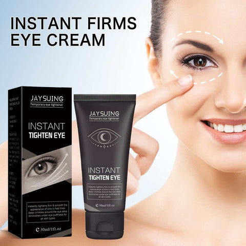 Jaysuing Firming Eye Cream tube and box with woman applying cream to under-eye area to reduce dark circles and wrinkles
