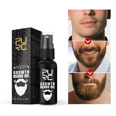 Gentle Beard Growth fluid bottle with packaging and before after beard growth transformation images