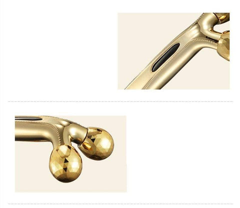 3D face-lifting device manual roller massager with dual spherical massage heads in gold finish for firming and sculpting skin
