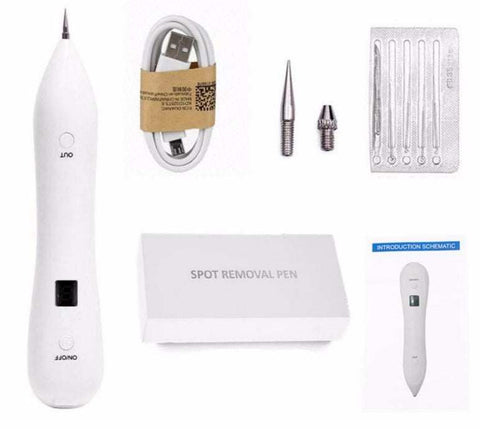 Spot Removal Pen kit with precision pen, USB charging cable, replacement tips, and user manual for dark spot and blemish removal