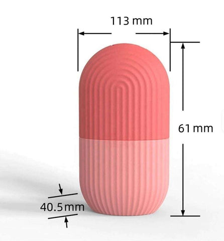 Pink compact Face Glow Ice Roller with textured surface and dimensions shown