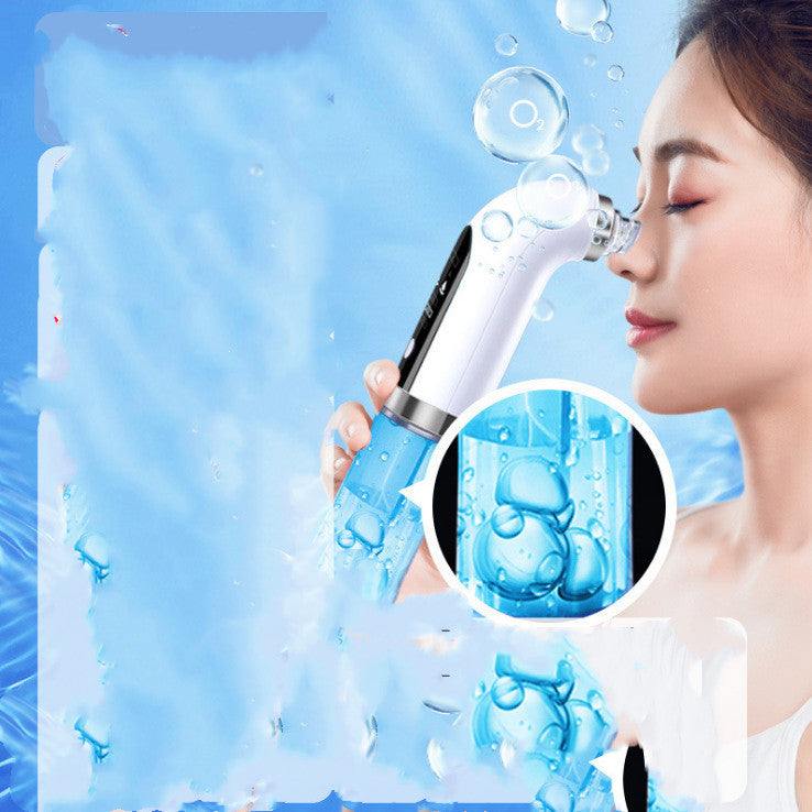 Woman using electric vacuum blackhead acne pore cleaner on face with water bubbles background