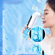 Woman using electric vacuum blackhead acne pore cleaner on face with water bubbles background