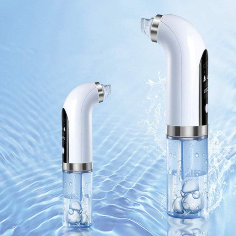 Electric Vacuum Blackhead Acne pore cleaner device with water chamber and ergonomic design on blue water background