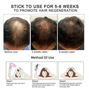 Before and after results of Hair Growth Oil showing improved hair density over 8 weeks with usage instructions including washing hair, applying oil, and massaging scalp.