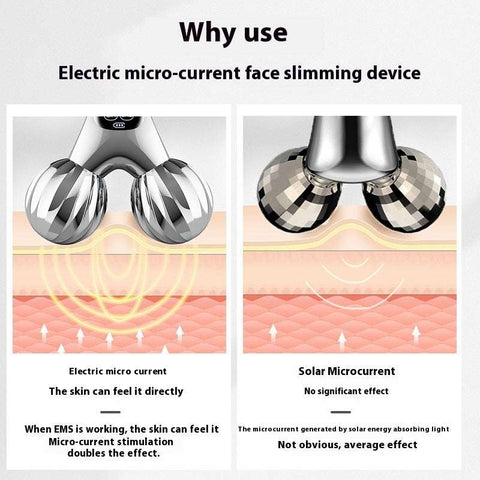 Electric micro-current facial massager with dual roller heads for skin stimulation and face slimming.