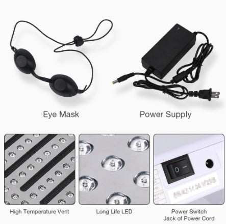 7 Colors PDF Led Light Therapy device components including eye mask, power supply, high temperature vent, long life LED, and power switch with jack and power cord