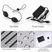 7 Colors PDF Led Light Therapy device components including eye mask, power supply, high temperature vent, long life LED, and power switch with jack and power cord