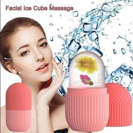Face Glow Ice Roller in pink with floral ice cube for facial cooling and soothing massage