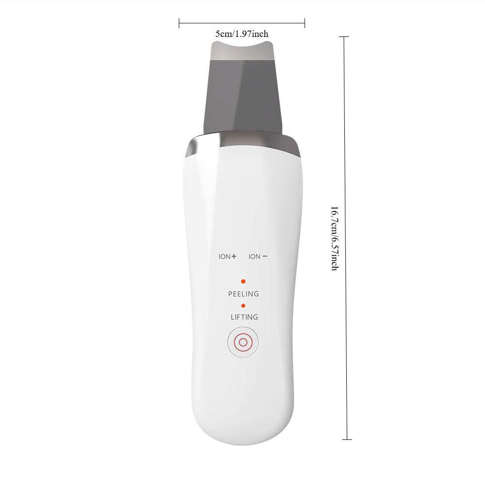 Electric Ultrasonic Skin Scrubber handheld facial cleaner with peeling and lifting modes, compact 16.7cm size