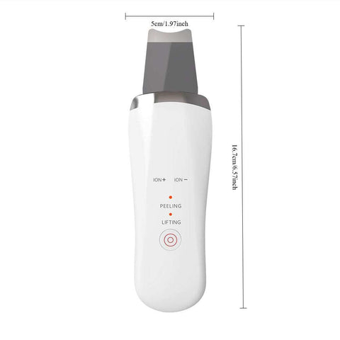 Electric Ultrasonic Skin Scrubber handheld facial cleaner with peeling and lifting modes, compact 16.7cm size