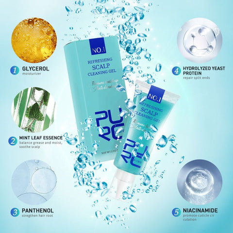 Scalp Cleansing Gel with glycerol, mint leaf essence, panthenol, hydrolyzed yeast protein, and niacinamide for soothing and anti-dandruff treatment