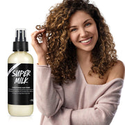 Hair Conditioner Spray bottle with smiling woman showing curly hair, highlighting frizz control and hydration benefits