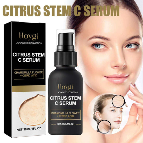Hoygi Citrus Stem C Serum bottle and box with woman showing smooth radiant skin anti-aging firming serum packaging