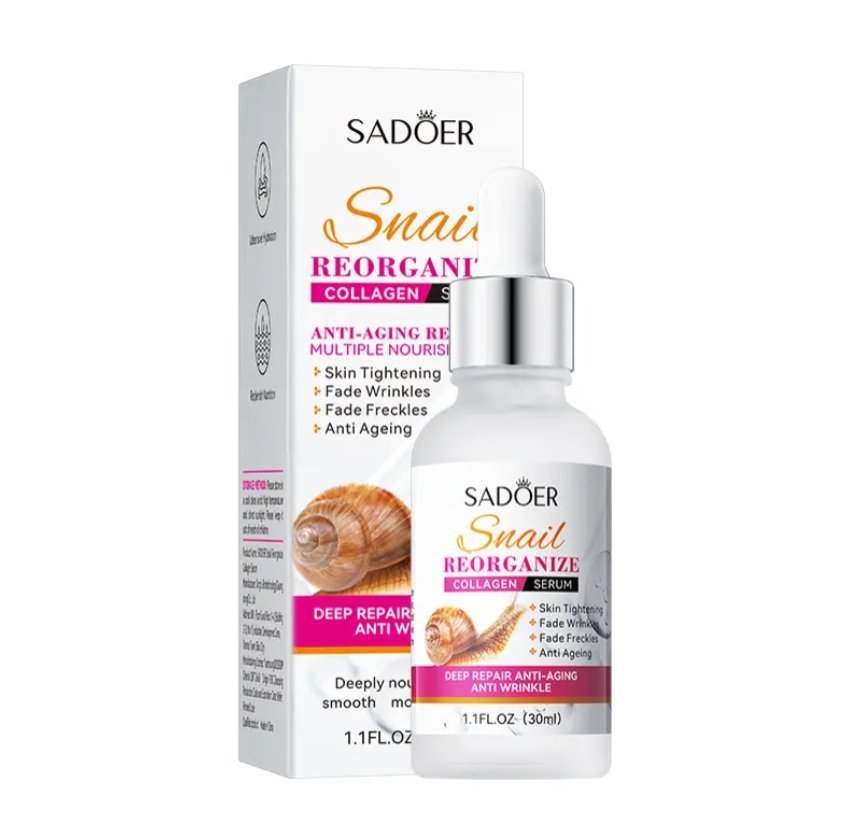 Anti-Aging Reorganizing Collagen Serum bottle and box with snail extract for skin tightening and wrinkle reduction