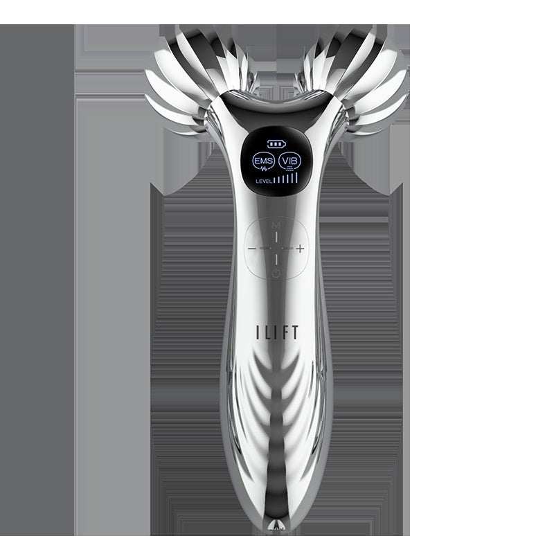 Silver ergonomic facial massager roller for skin lifting and tightening with EMS and vibration settings
