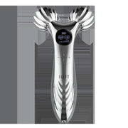 Silver ergonomic facial massager roller for skin lifting and tightening with EMS and vibration settings