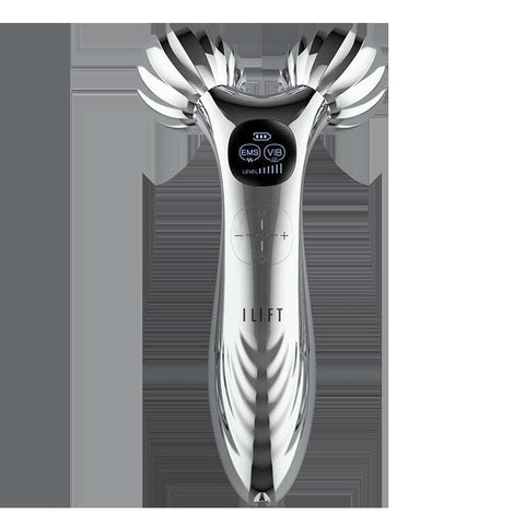 Silver ergonomic facial massager roller for skin lifting and tightening with EMS and vibration settings
