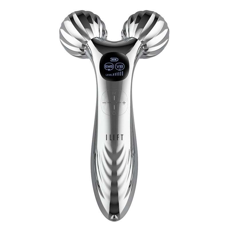 Silver facial massager roller with dual spherical heads and digital display for lifting and tightening skin