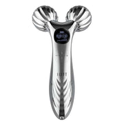 Silver facial massager roller with dual spherical heads and digital display for lifting and tightening skin