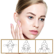 Young woman touching her smooth face demonstrating Snail Mucin Energy Repair skincare benefits and application steps illustrations