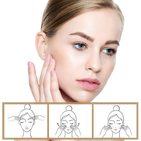 Young woman touching her smooth face demonstrating Snail Mucin Energy Repair skincare benefits and application steps illustrations