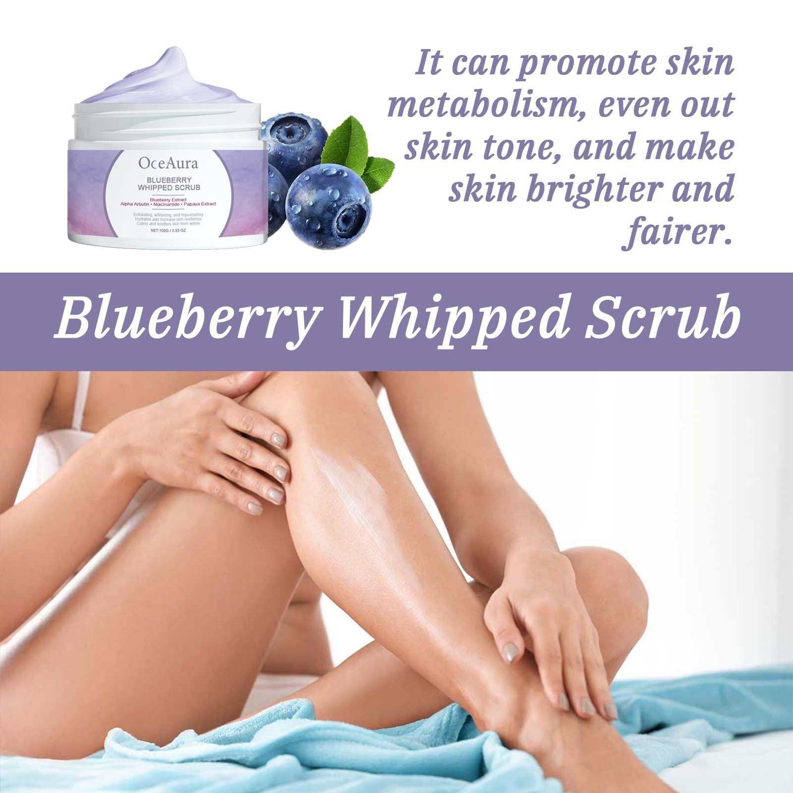 OceAura Blueberry Whipped Scrub jar with blueberries and smooth glowing skin application demonstrating exfoliating and brightening effects