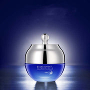 Anti-Wrinkle Firming Eye Cream in blue and silver jar for reducing wrinkles, dark circles, and puffiness around eyes