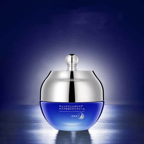 Anti-Wrinkle Firming Eye Cream in blue and silver jar for reducing wrinkles and dark circles