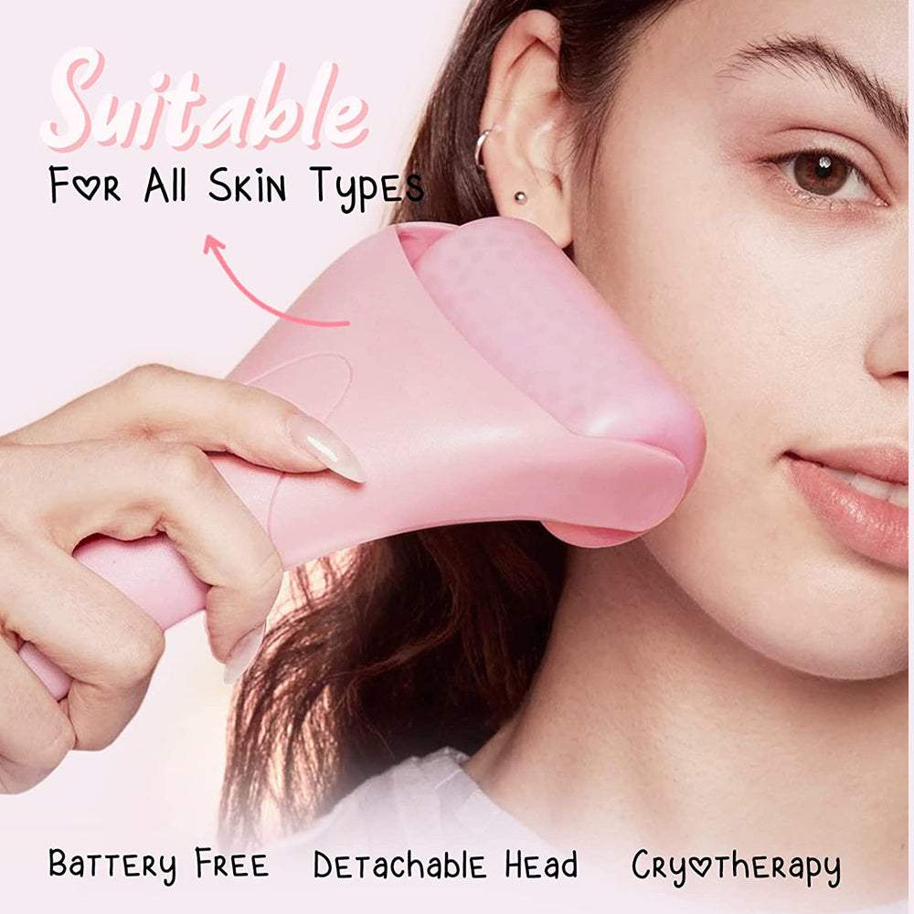 Plastic Care Facial Massage Ice Roller in pink used on face for soothing and cryotherapy, suitable for all skin types, battery free with detachable head