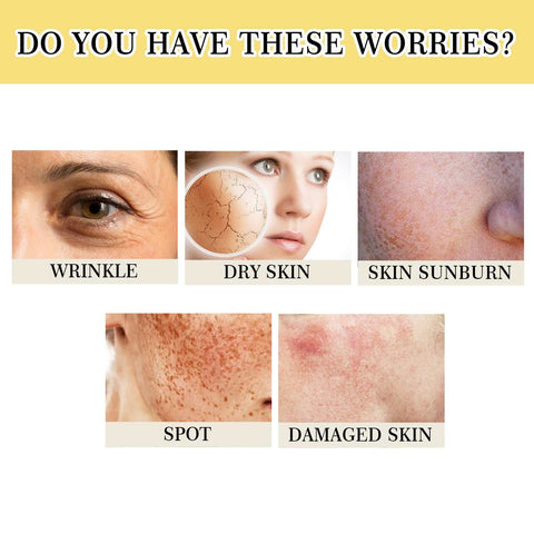 Collage showing skin concerns like wrinkles, dry skin, sunburn, spots, and damaged skin addressed by Snail Serum collagen facial serum