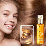 Perfume Soft Hair Care spray bottle with smooth, shiny hair and a smiling woman showcasing frizz-free hair