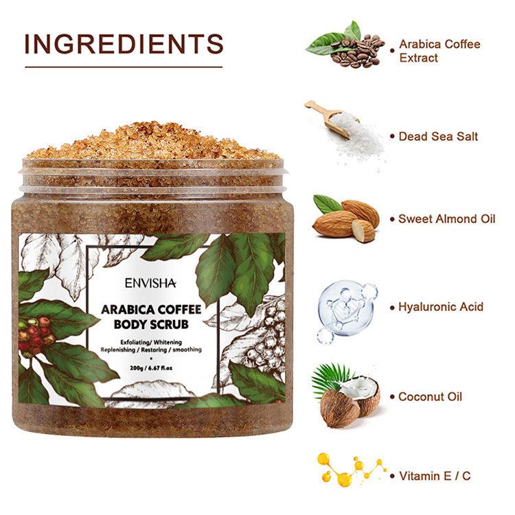 Coffee Scrub Cream with Arabica coffee extract, Dead Sea salt, sweet almond oil, hyaluronic acid, coconut oil, and vitamins E/C for moisturizing and exfoliating body care