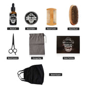 Complete Beard Growth Kit for men with beard oil, balm, comb, brush, scissors, storage bag, beard guard, and outer packing for thicker facial hair