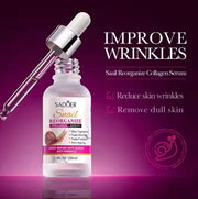 Anti-Aging Reorganizing Collagen Serum bottle with dropper on purple background showing anti-wrinkle and skin renewal benefits