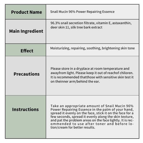 Snail Mucin Energy Repair serum with 96.3% snail secretion filtrate for moisturizing, repairing, and brightening skin tone.