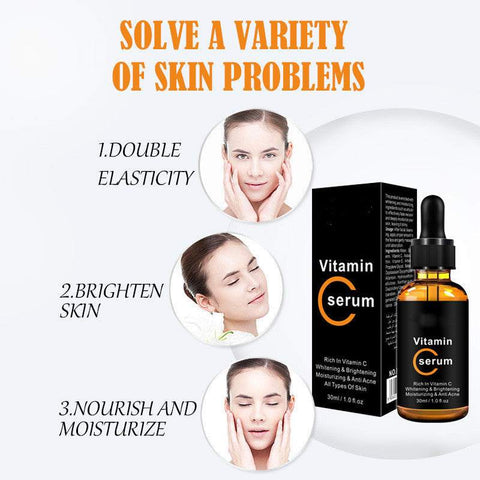 Vitamin C Stock Solution serum bottle with packaging and benefits for skin elasticity, brightening, and moisturizing