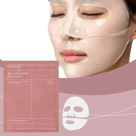Hydrating bio-collagen face mask for pore shrinking, brightening, firming, and nourishing skin care.