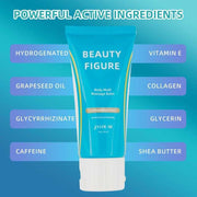 Blue tube of Body Sculpting Cream with active ingredients listed including vitamin E, collagen, caffeine, and shea butter