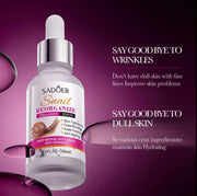 Anti-Aging Reorganizing Collagen Serum bottle with snail collagen, anti-aging and anti-wrinkle benefits on a purple background