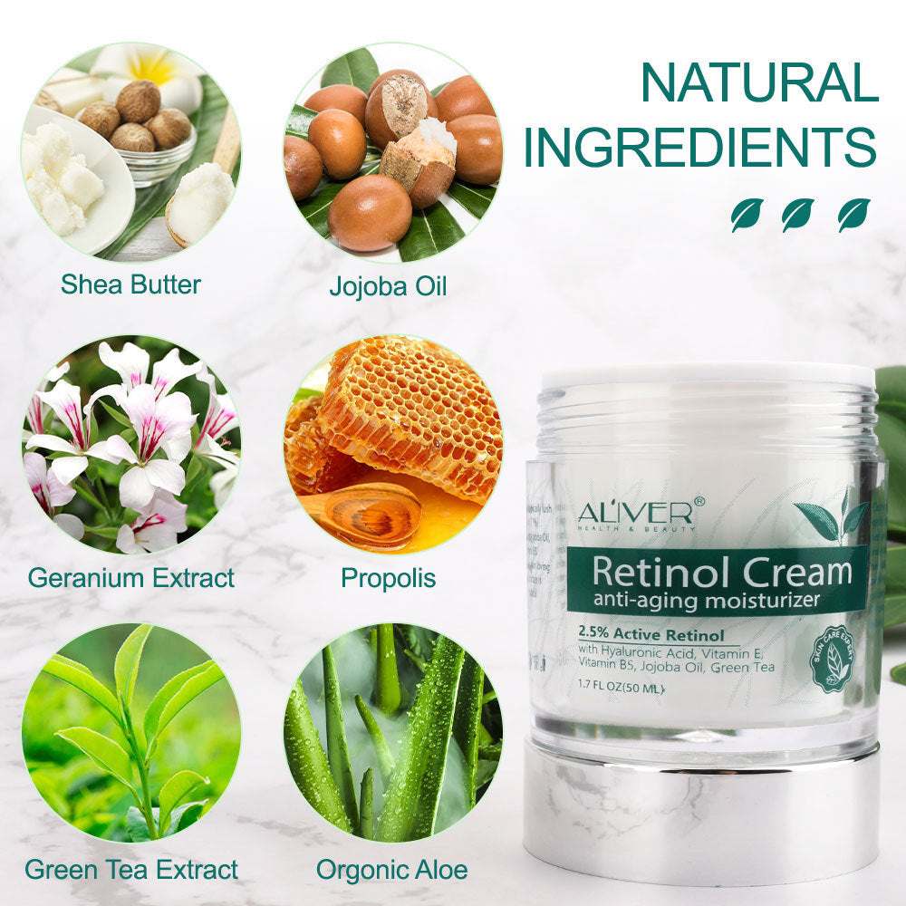 Retinol Cream anti-aging moisturizer with natural ingredients like shea butter, jojoba oil, geranium extract, propolis, green tea extract, and organic aloe.