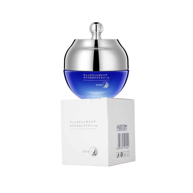 Anti-wrinkle firming eye cream in blue and silver jar on white box for reducing dark circles and puffiness
