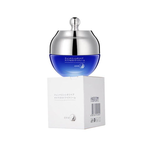 Anti-wrinkle firming eye cream in blue and silver jar on white box for reducing dark circles and puffiness