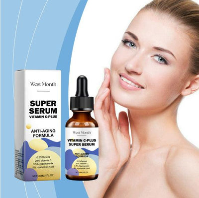 Vitamin C-Plus Super Serum bottle and box with woman applying serum for bright, anti-aging skin care