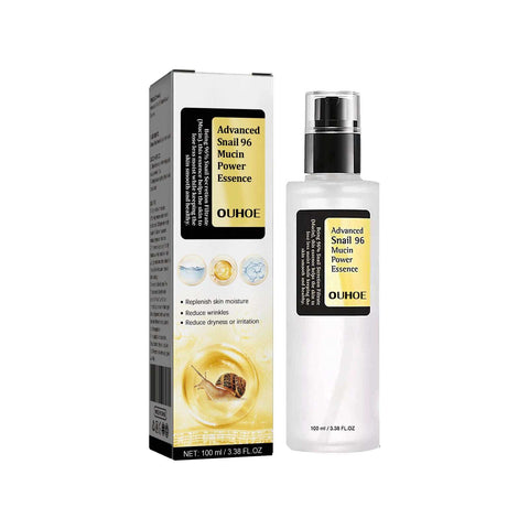OUHOE Advanced Snail 96 Mucin Power Essence serum bottle with packaging for skin hydration and wrinkle reduction