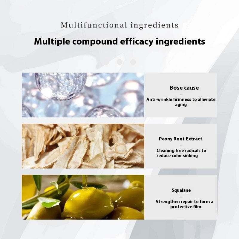 Hydrating Repair And Light Lines Night Cream key ingredients including Bose cause, peony root extract, and squalane for anti-wrinkle and skin repair