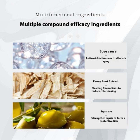 Hydrating Repair And Light Lines Night Cream key ingredients including Bose cause, peony root extract, and squalane for anti-wrinkle and skin repair